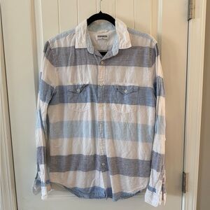 Express Men's Casual Blue and White Striped Shirt
